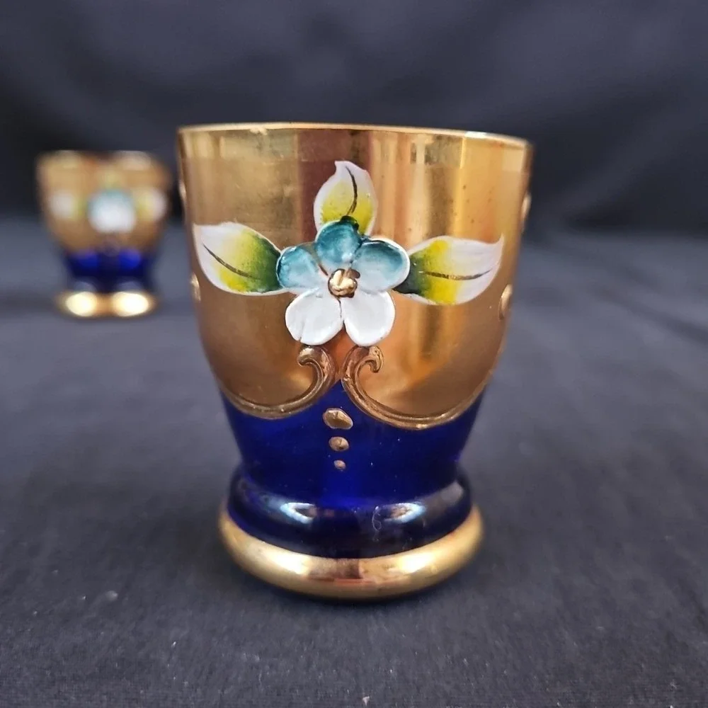 Vtg Blue‎ Cobalt Gold Glided Hand Painting Bohemia Czech Shot Glasses Set of 3